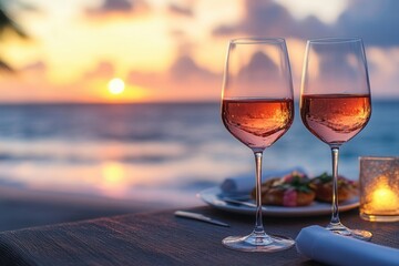 Beach sunset dinner with wine glasses and food.