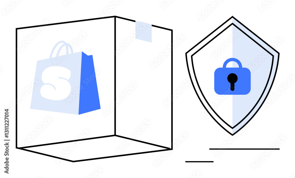 Aufkleber box adorned with shopping bag icon next to a half-blue shield displaying a lock. ideal for e-commerc