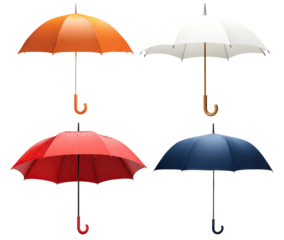 Set of classic umbrellas with curved handles, isolated on transparent cutout background