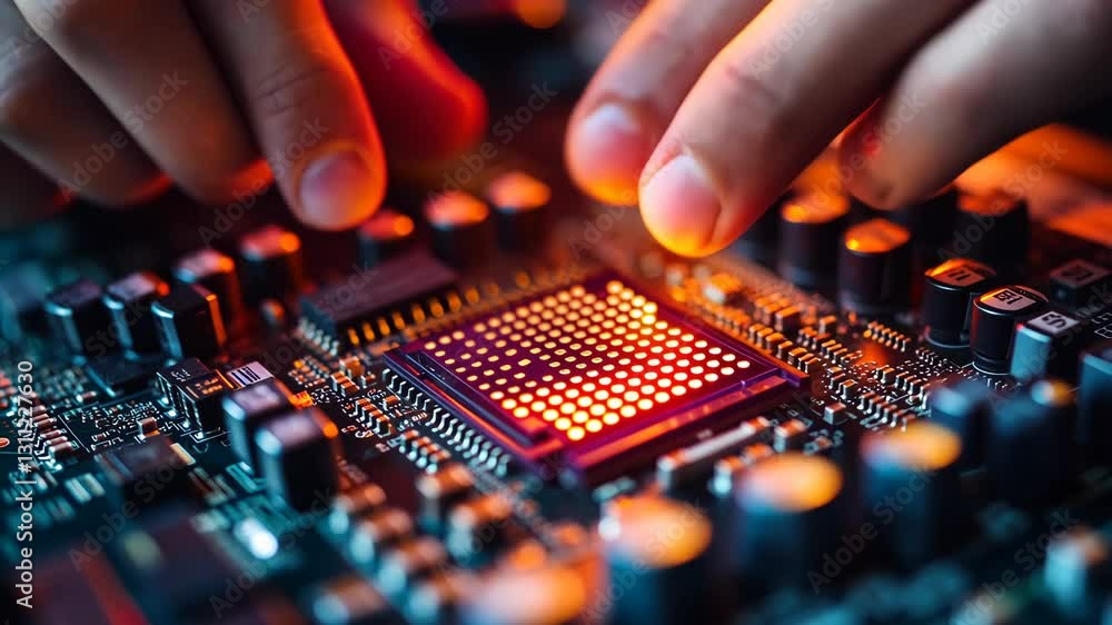 Poster expert assembling components on a circuit board in a modern tech workshop during the late evening