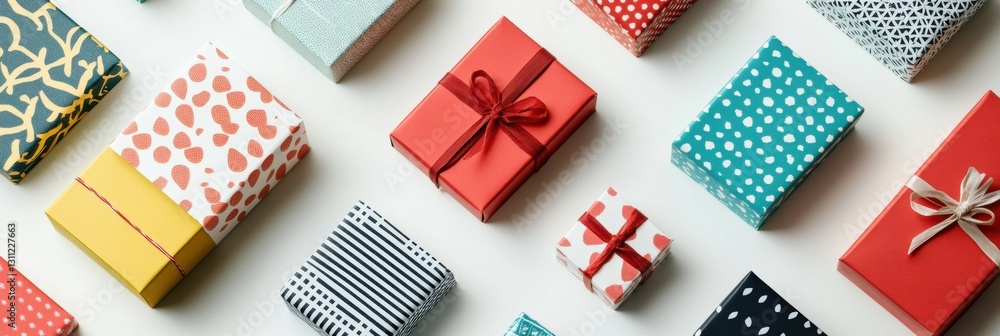 Poster colorful array of small gift boxes in various designs and sizes arranged creatively for festive cele