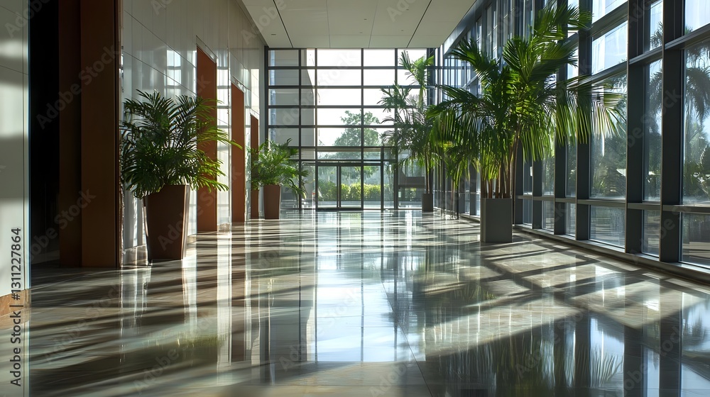 Poster modern hallway with large windows showcasing lush greenery and polished floors, creating a serene at