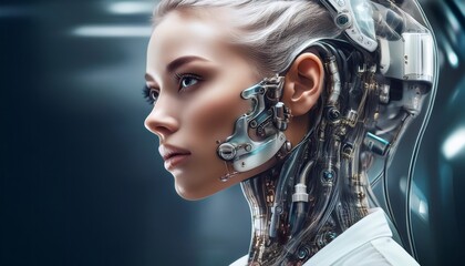 Cybernetic Evolution: A stunning portrait of a woman with cyborg elements gracefully blending human features with metallic implants, reflecting a seamless fusion of nature and technology.