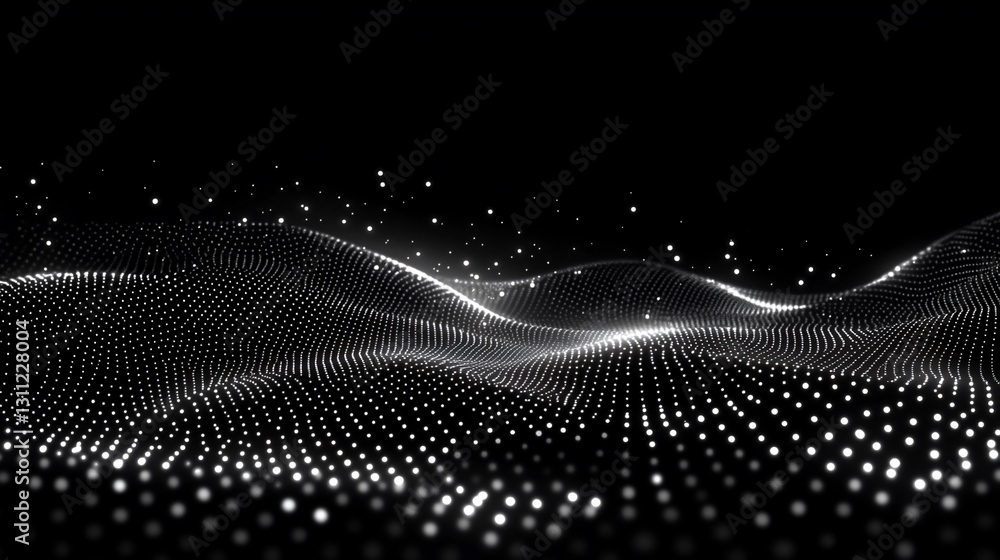 Poster abstract white particle wave flowing on black background