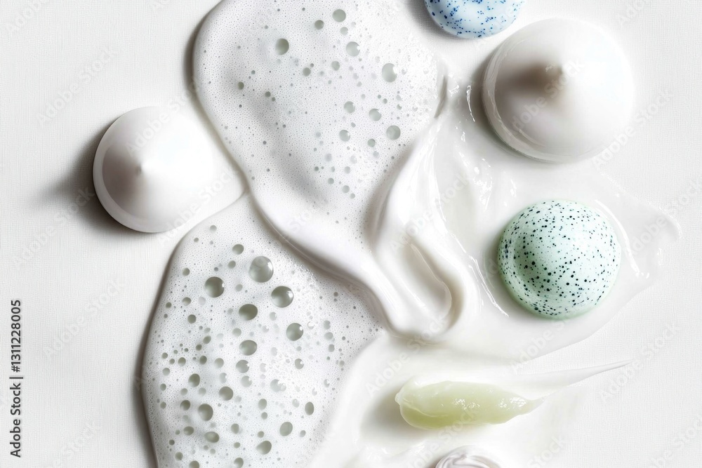 Poster soft textures blend with bubbles and colorful spheres, creating