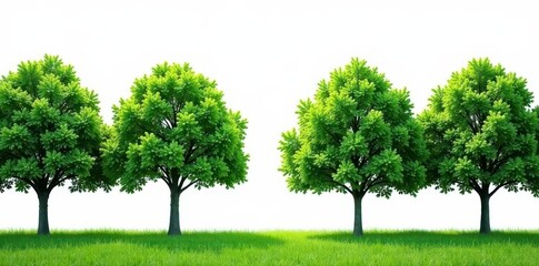 Obraz premium Lush green trees stand in a perfect row against a bright white sky , white background, summer, fresh