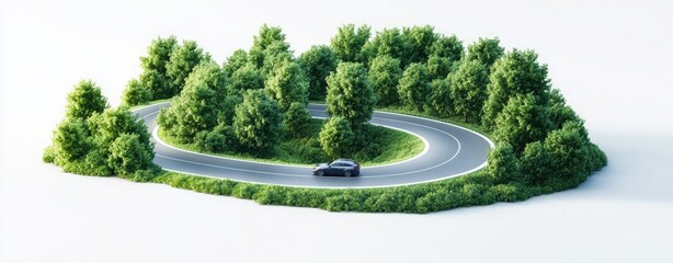 Sustainable Transportation: A Black Car on a Winding Road Through Lush Green Trees