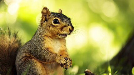 Fototapeta premium Squirrel in sunlight with blurred green background