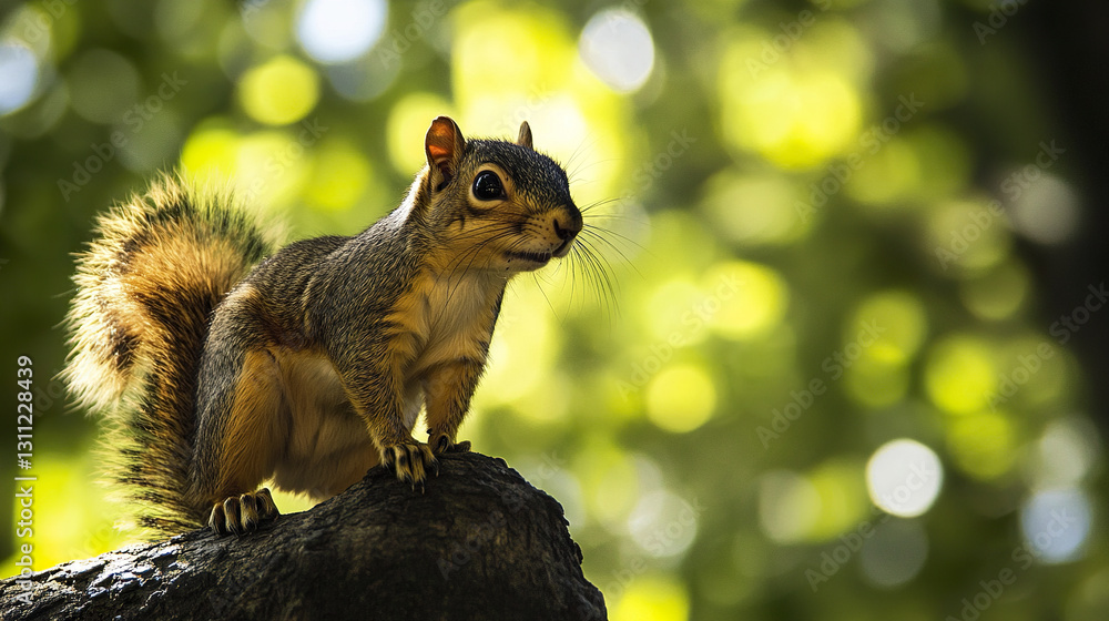 Poster squirrel perched on tree branch in sunlight with blurred background