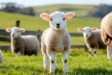 Fototapeta premium Playful lamb stands in vibrant green field, surrounded by gentle