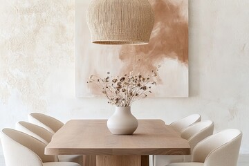 Stylish dining area features natural textures, soft hues, and el