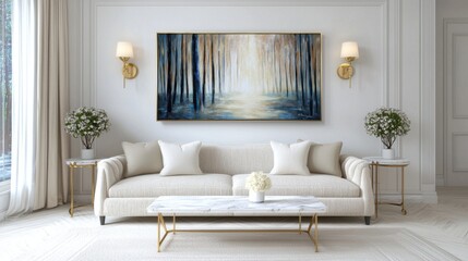 Quiet luxury living room, creamy walls, plush legless boucle sofa, marble coffee table, abstract forest painting, console, velvet drapes, night lighting