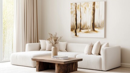 Scandi glam living room, sand tone walls, plush square linen sofa, wood coffee table, abstract forest painting with gold strokes, flowing velvet curtains