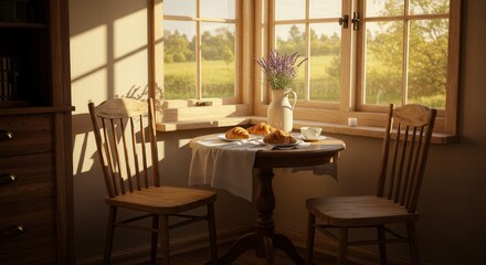 Obraz premium Cozy Breakfast Scene with Croissants, Lavender, and Sunny Window
