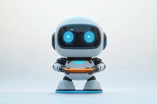 Cute robot with glowing blue eyes holding game controller, ready