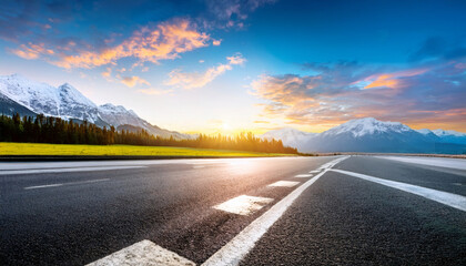 The Road to the Mountains: An open road stretches towards majestic, snow-capped mountains under a vibrant, multicolored sunset sky. The scene evokes a sense of adventure, freedom.