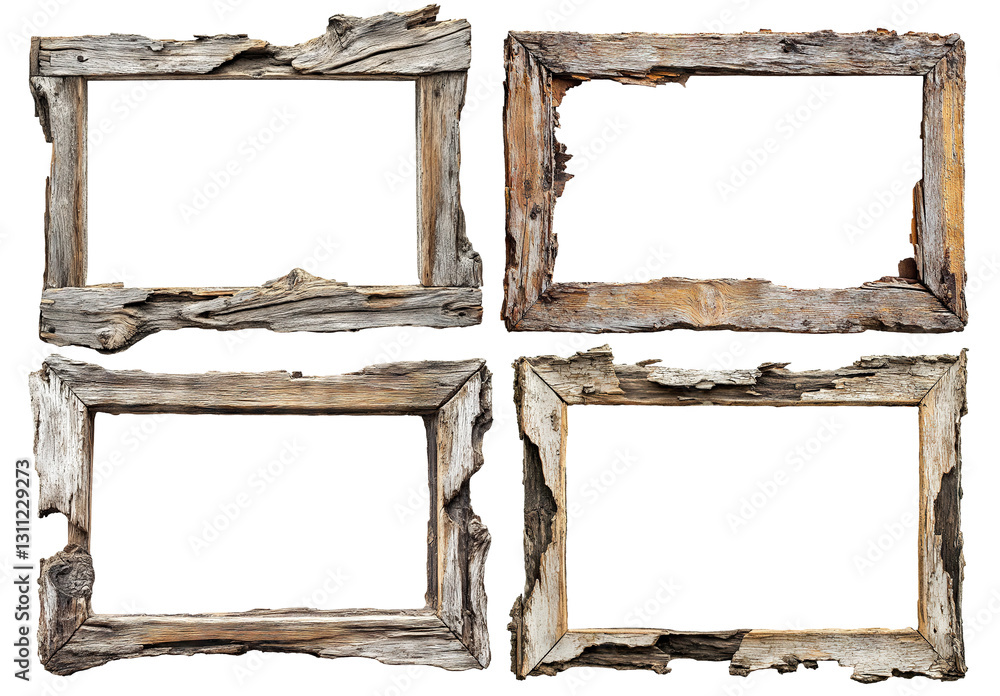 Poster set of rustic wooden frames with rough edges, isolated on transparent cutout background