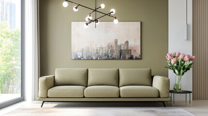 Scandinavian minimalist living room, olive and bronze walls, boucle sofa, minimalist pendant chandelier, smoky gradient rug, tulips in glass vase