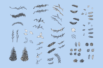 Vintage Winter Floral Elements Vector Pack: Wreaths, Branches, Pinecones, and Birds