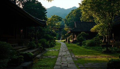 Fototapeta premium Asian Temple Pathway, Lush Gardens, Mountains