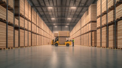Fototapeta premium Spacious warehouse filled with neatly stacked wooden pallets, sh