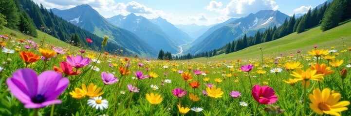 Alpine meadow wildflowers vibrant summer bloom, vegetation, delightful, sky