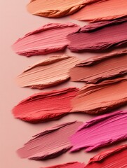 Colorful array of lip shades artistically spread on soft surface