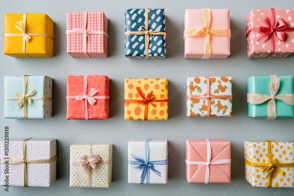 Poster creative display of colorful gift boxes in various sizes arranged on a surface with intricate design