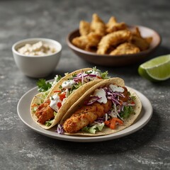 Delicious fish tacos with fresh toppings and crispy sides, ready to eat for a quick and flavorful meal.