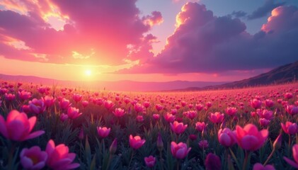 Crimson sky reflects on purple petals, long shadows across meadow grass , orange, idyllic, meadow grass