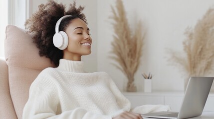 Relaxed woman enjoys music at home, cozy atmosphere enhanced by