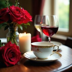 Elegant candles, fine china, red roses, wine glasses, occasion, dinner, intimate