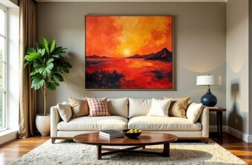 Cozy modern bedroom with vibrant sunset artwork and elegant decor