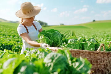 In a sunlit field, a woman in a straw hat harvests vibrant green cabbages, placing them gently into her wicker basket among rows of freshly mowed crops, embracing the beauty of nature