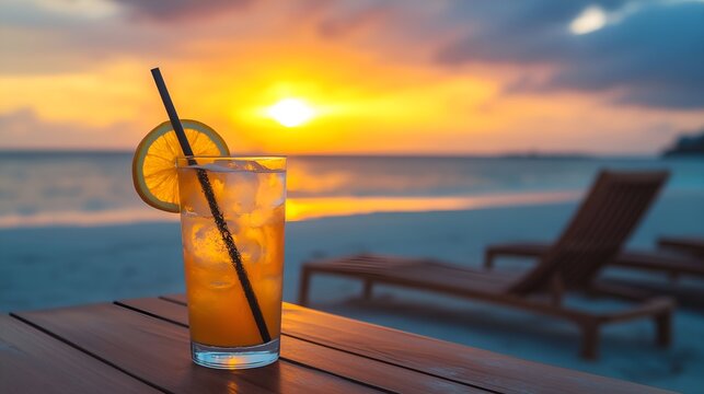 A cocktail with ice and an orange slice on a beach at sunset, in the Maldives island style. The beach bar table has a black straw in the glass, with an orange color and a sunset sky.