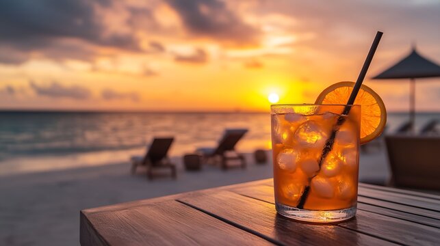 A cocktail with ice and an orange slice on a beach at sunset, in the Maldives island style. The beach bar table has a black straw in the glass, with an orange color and a sunset sky.