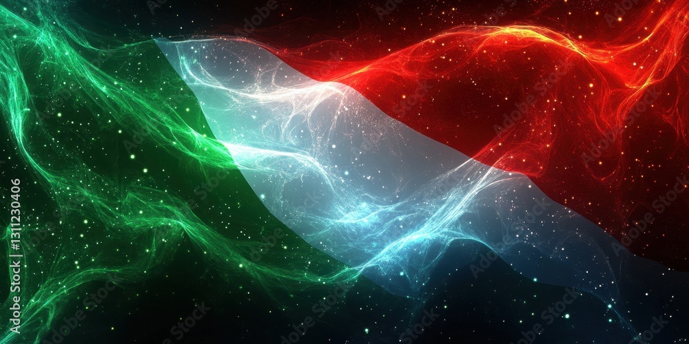 Poster abstract representation of the italian flag with a cosmic and ethereal glow effect