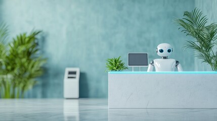 Modern reception area featuring friendly robot assistant amid lu