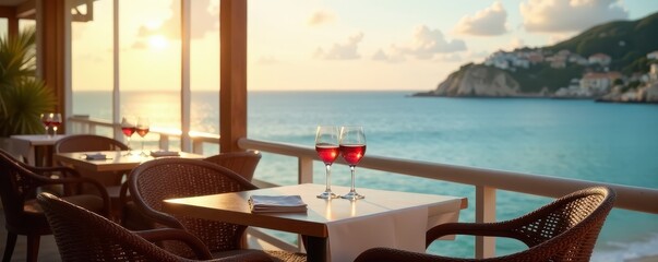 Obraz premium Ocean view, wine glasses on tables, brown chairs , waves, dining