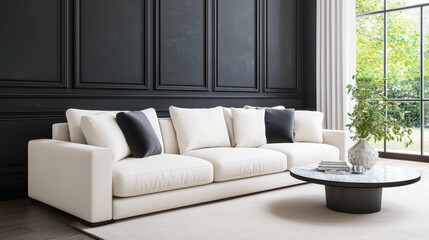 Fototapeta premium Warm neoclassical living room, deep graphite walls with elegant moldings, plush cream modular sofa, sculptural coffee table, sunset park view