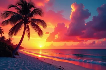 Fotobehang Palm trees stand tall against a fiery orange and pink sunset over Miami Beach's sands , coastal, tropical, South Beach © Pat