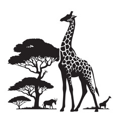 giraffe silhouette vector illustration, Silhouettes set of African wild animals in nature habitats, giraffes in different poses silhouette set, vector collection. © Dollar