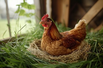 Close-up details of a hen resting in soft straw next to freshly laid eggs.