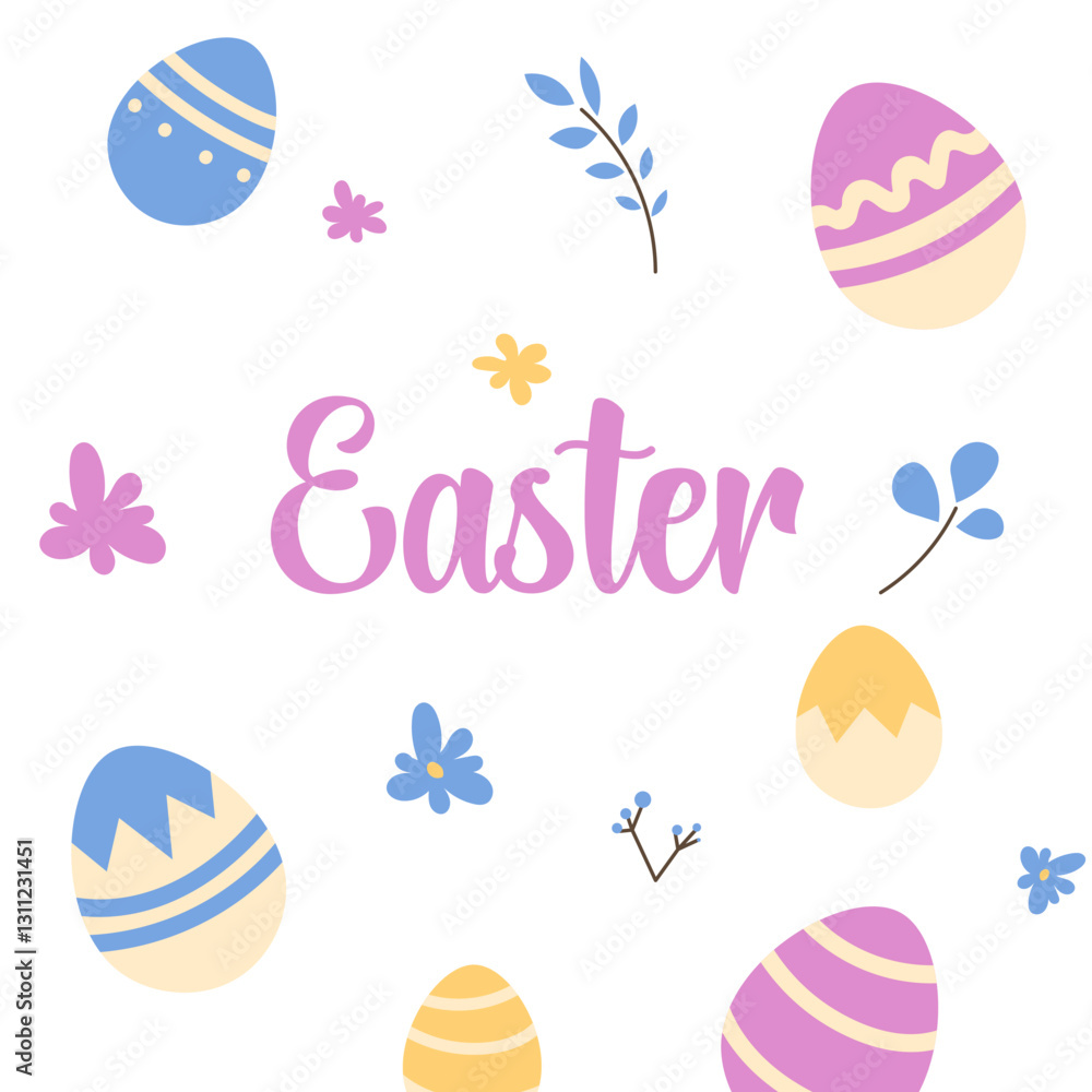 Poster flat easter icons set with colorful eggs and flowers in vector style.