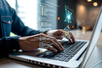 A person is typing on a laptop, surrounded by digital graphs and code, suggesting work in technology or data analysis.