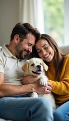 Smiling family cuddled on couch, playful puppy nearby, children, pet