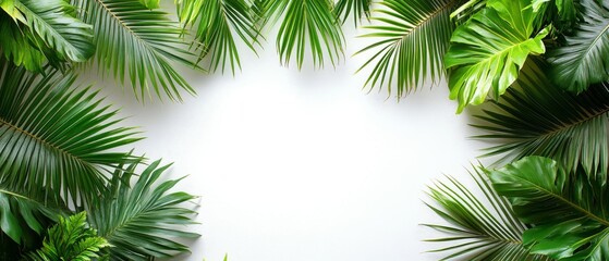 Lush Tropical Palm Leaves Frame on White Background