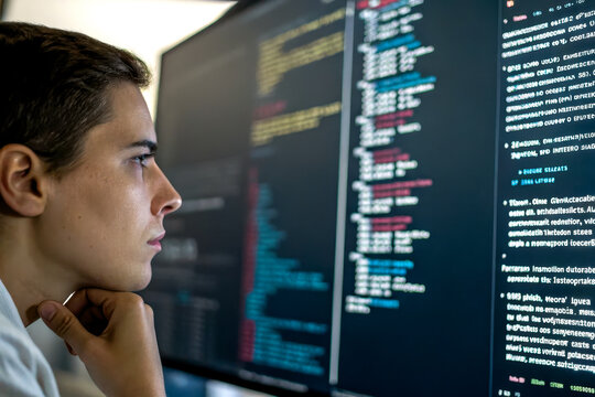 A focused individual analyzing code on dual monitors, immersed in programming, highlighting the tech-savvy environment of software development.