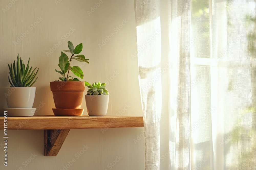 Poster sunlight filters through sheer curtains, illuminating shelf of v