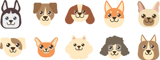 Flat vector dog faces icons set featuring various breeds in a cute style.